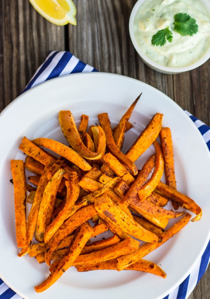 Baked Sweet Potato Fries with Curry Cilanto Mayo {gf +v} - She Likes Food