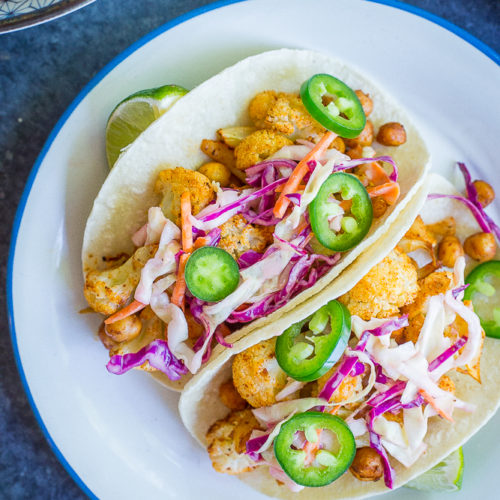 BBQ Cauliflower & Chickpea Tacos with a Creamy Lime Slaw - She Likes Food