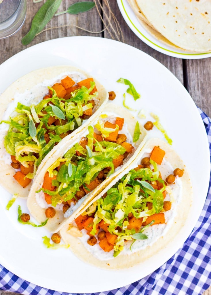 Roasted Butternut Squash Tacos with Maple Brussels Sprout Slaw & Sage ...