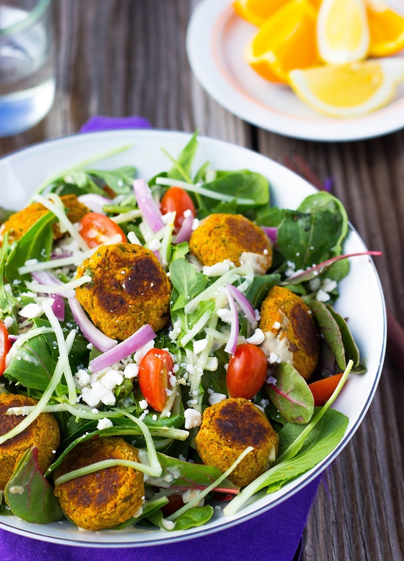 Roasted Carrot Falafel Salad with Citrus Tahini Dressing - She Likes Food