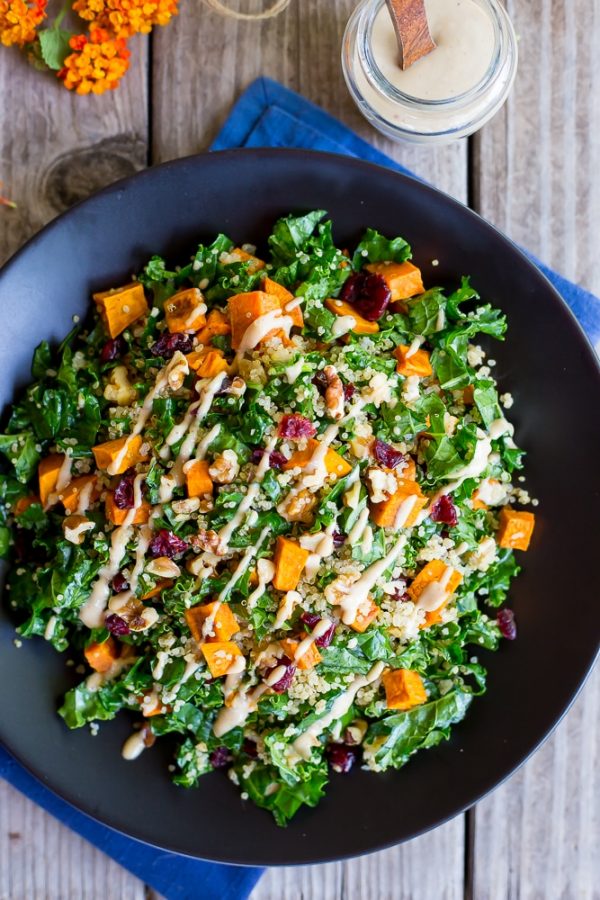 Fall Quinoa Salad with Kale, Sweet Potato & Maple Tahini Dressing - She ...