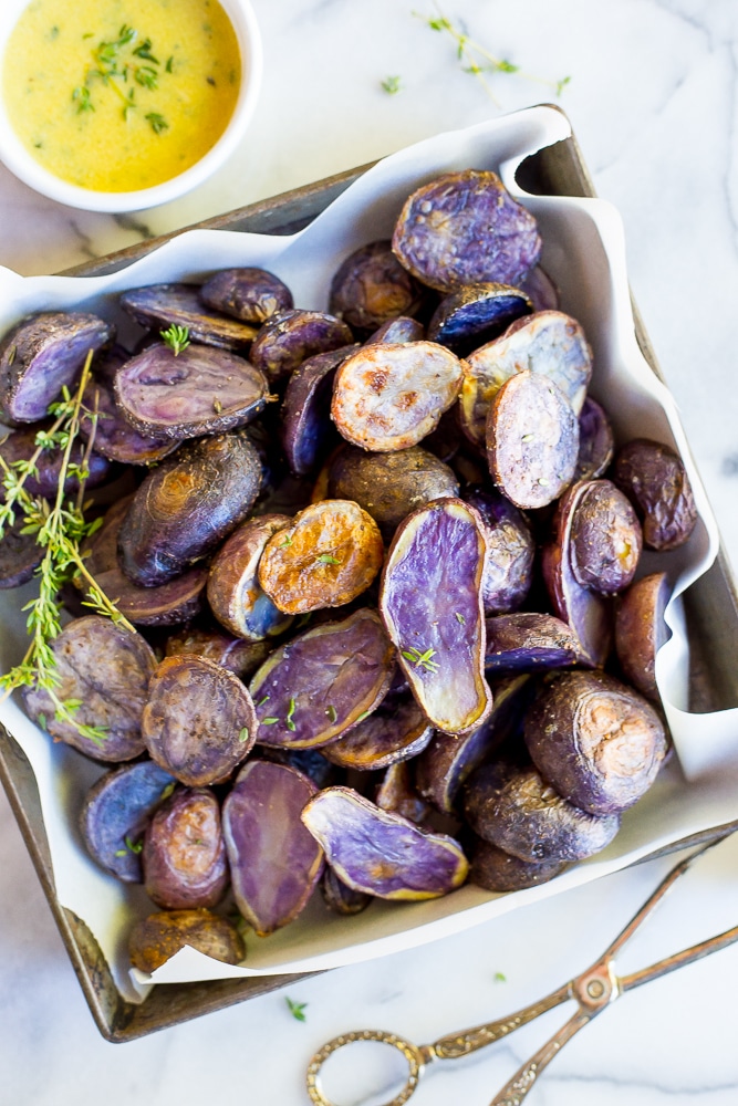 Roasted Purple Potatoes with Lemon, Dijon & Thyme Dressing - She Likes Food