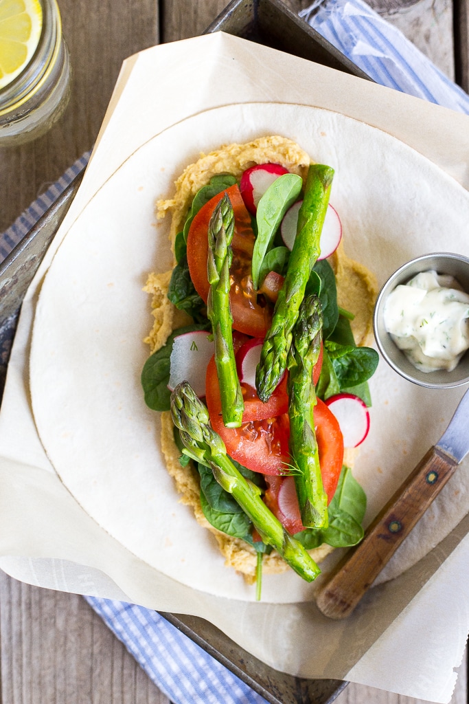 Hummus Wraps with Spring Vegetables and Herbed Mayo {vegan}