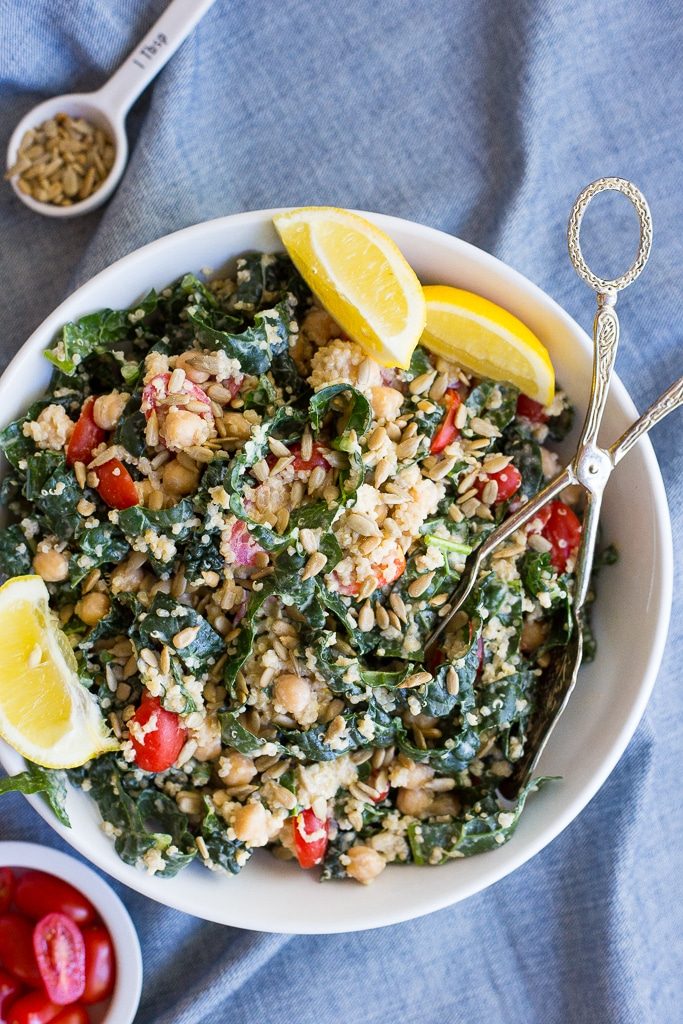 Kale & Quinoa Salad with Cherry Tomatoes & Lemon Tahini Dressing - She ...