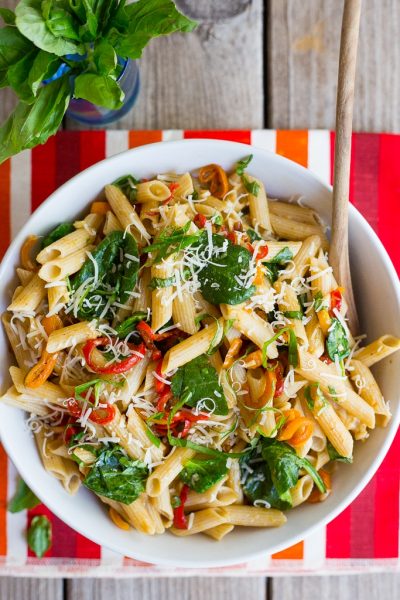 Balsamic Sweet Pepper Pasta with Spinach and Parmesan - She Likes Food