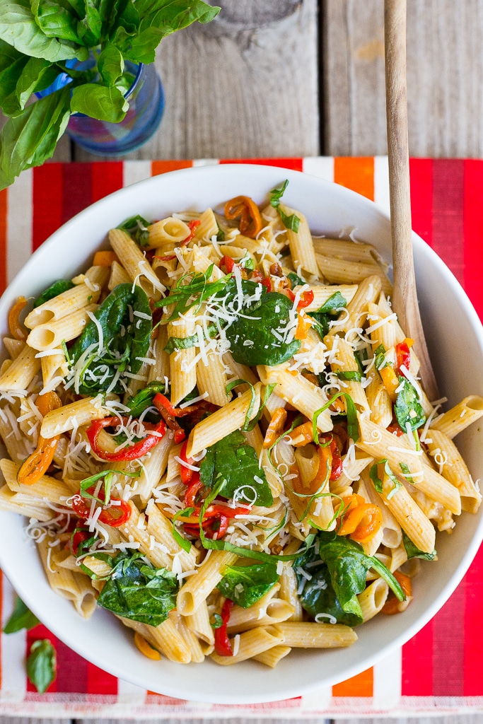 Balsamic Sweet Pepper Pasta with Spinach and Parmesan - She Likes Food