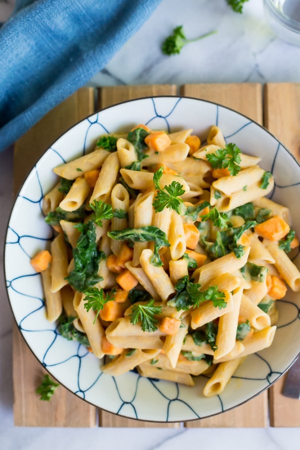 Creamy White Bean Pasta with Sweet Potato & Kale - She Likes Food