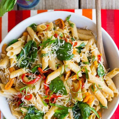 Balsamic Sweet Pepper Pasta with Spinach and Parmesan - She Likes Food