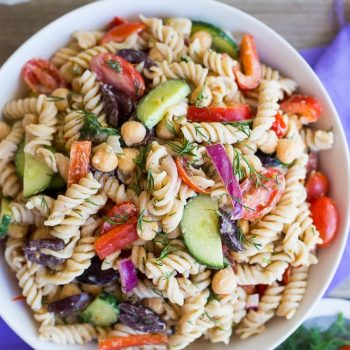 Creamy Tahini Greek Pasta Salad - She Likes Food