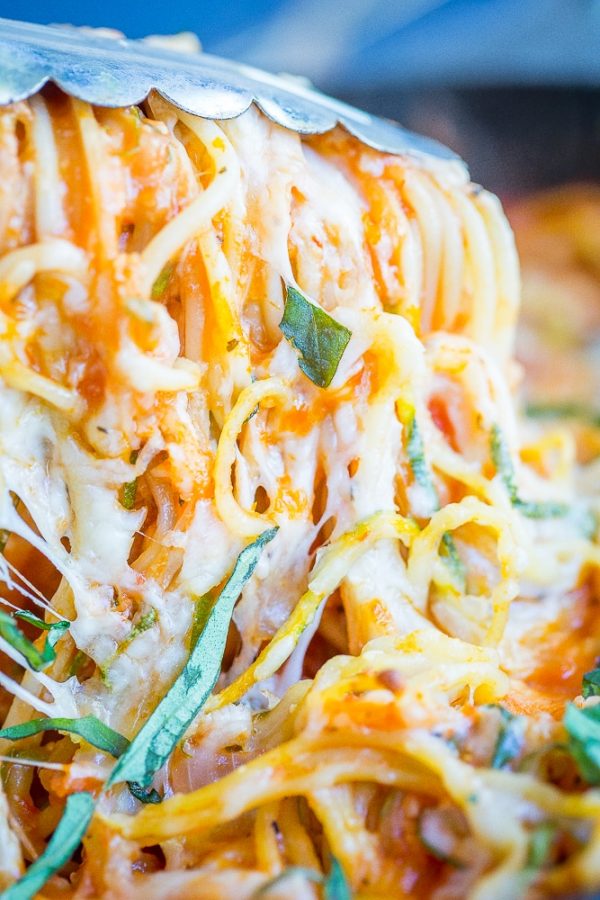 Lower Carb Zucchini Noodle Spaghetti Bake - She Likes Food