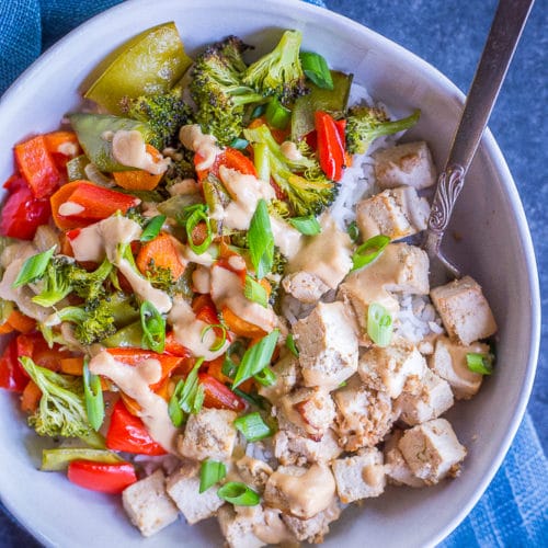 Sheet Pan Tofu and Vegetable Bowls with Ginger Peanut Sauce - She Likes ...