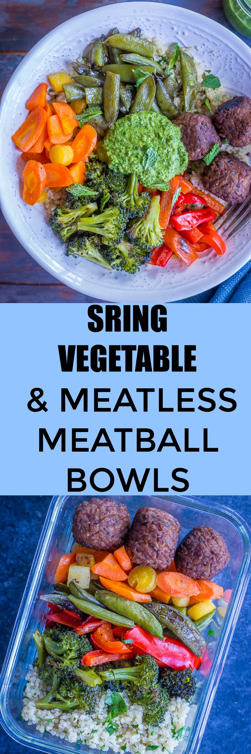 Spring Vegetable and Meatless Meatball Bowls with Pesto She Likes Food