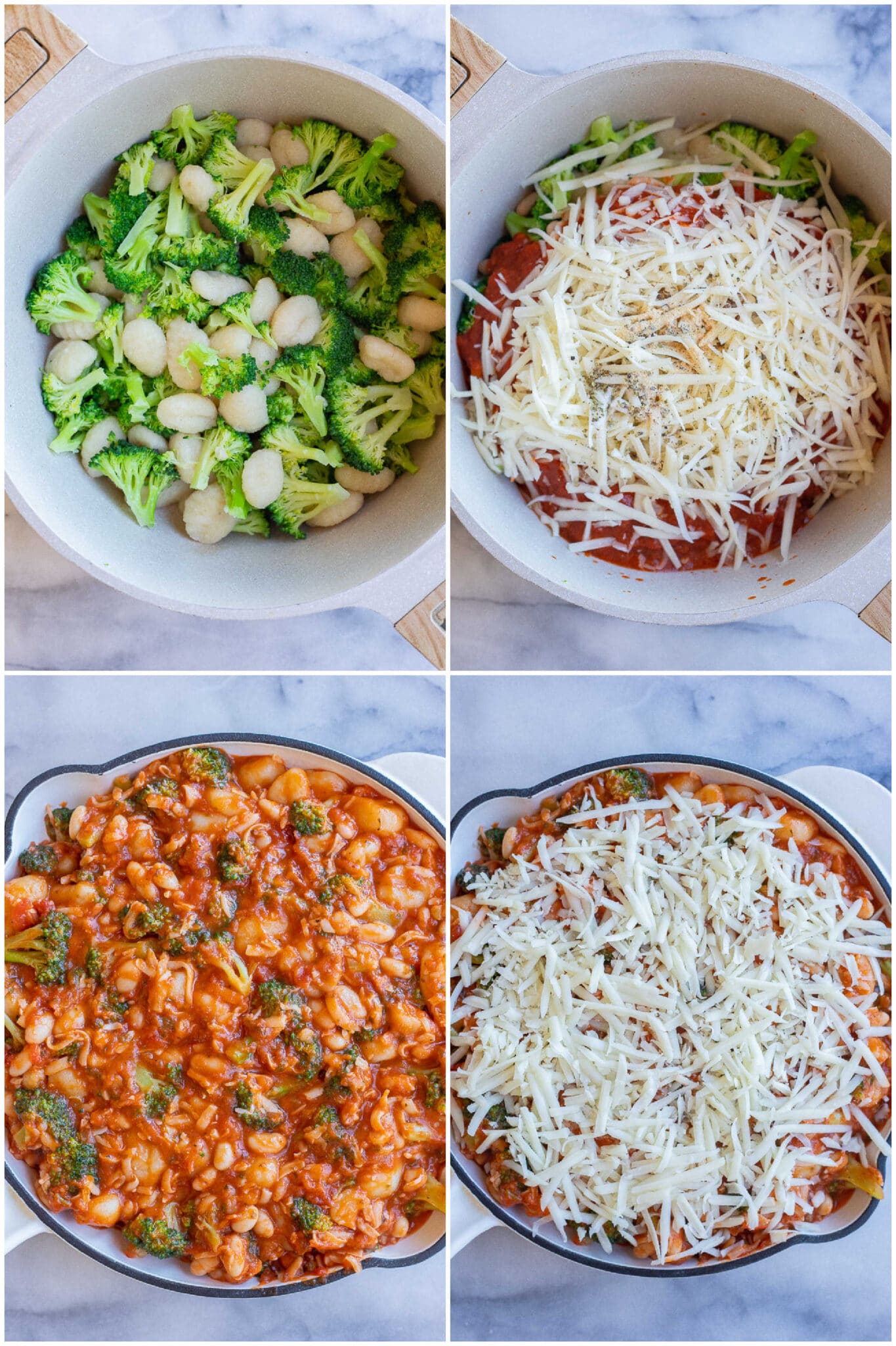 showing how to make a vegetarian 5 ingredient gnocchi broccoli and white bean bake with a few easy steps