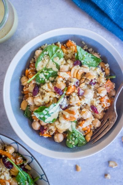 Quinoa Chickpea Sweet Potato Salad With Curry Tahini Dressing She