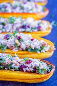 Vegetarian Stuffed Delicata Squash with Curry Tahini Dressing - She ...