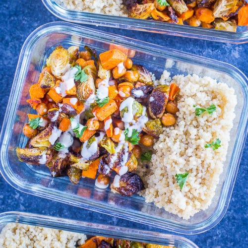 Roasted Sweet Potato and Chickpea Meal Prep Bowls - She Likes Food