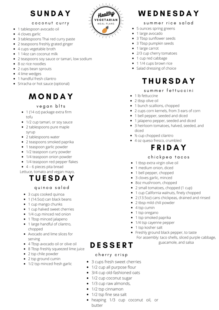 Vegetarian Weekly Meal Plan –