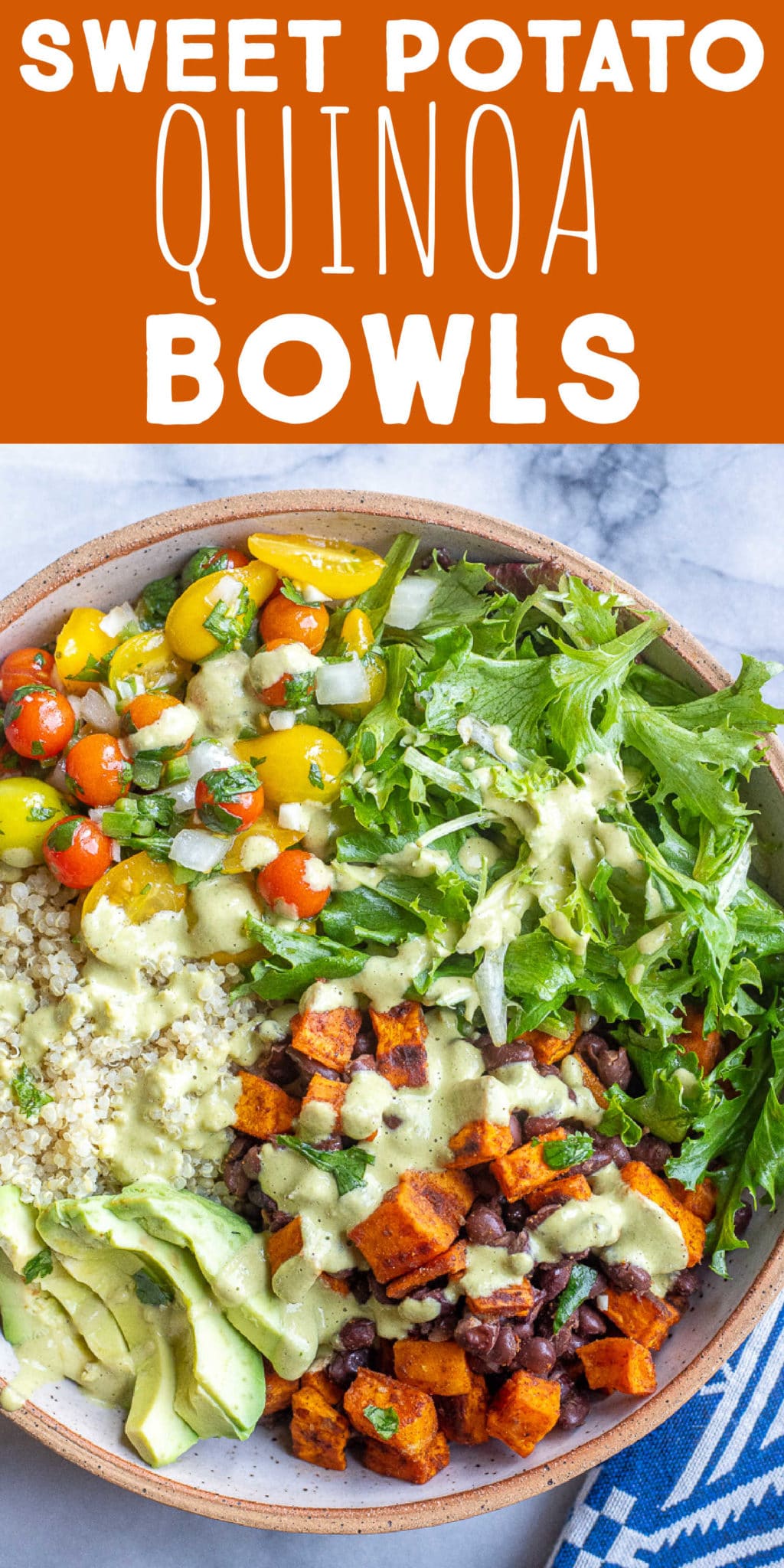 Sweet Potato Quinoa Bowls with Green Chile Tahini Sauce - She Likes Food