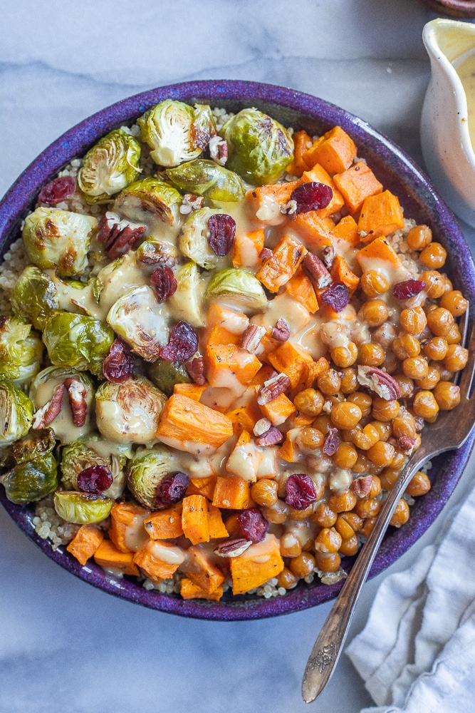 Roasted Brussels Sprout Bowls with Creamy Honey Mustard - She Likes Food