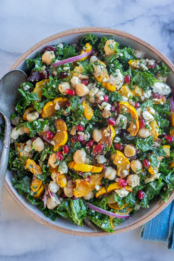 Roasted Delicata Squash Salad with Kale and Chickpeas - She Likes Food