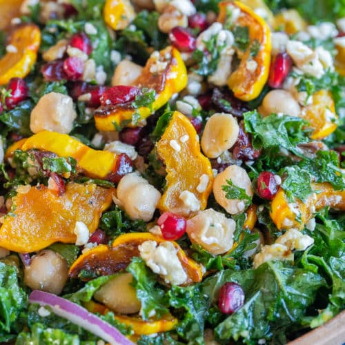 Roasted Delicata Squash Salad with Kale and Chickpeas - She Likes Food