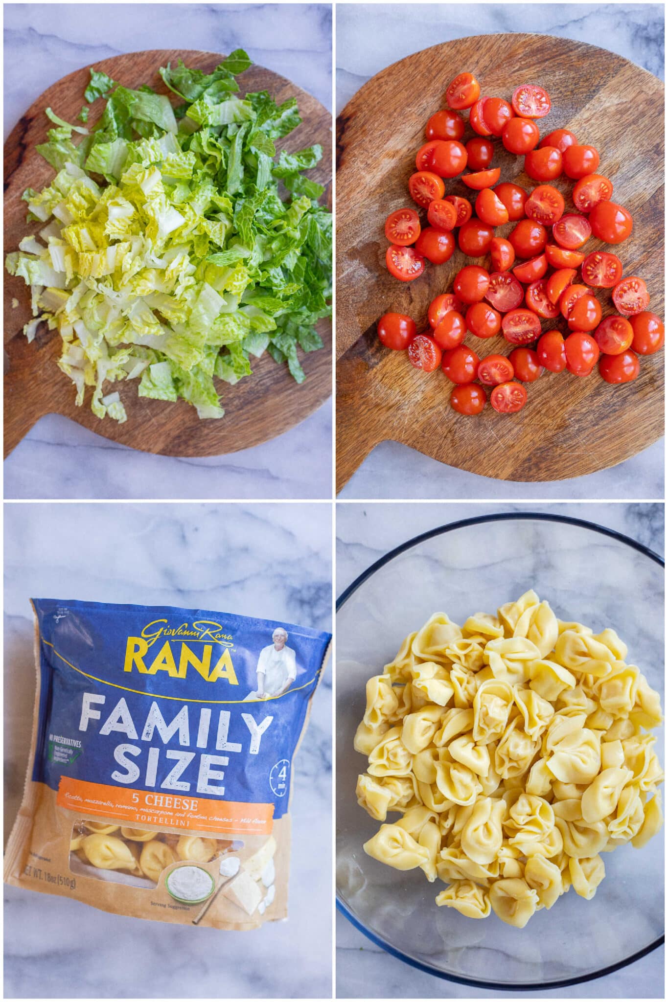 showing how to prepare this tortellini caesar pasta salad with romaine lettuce and cherry tomatoes