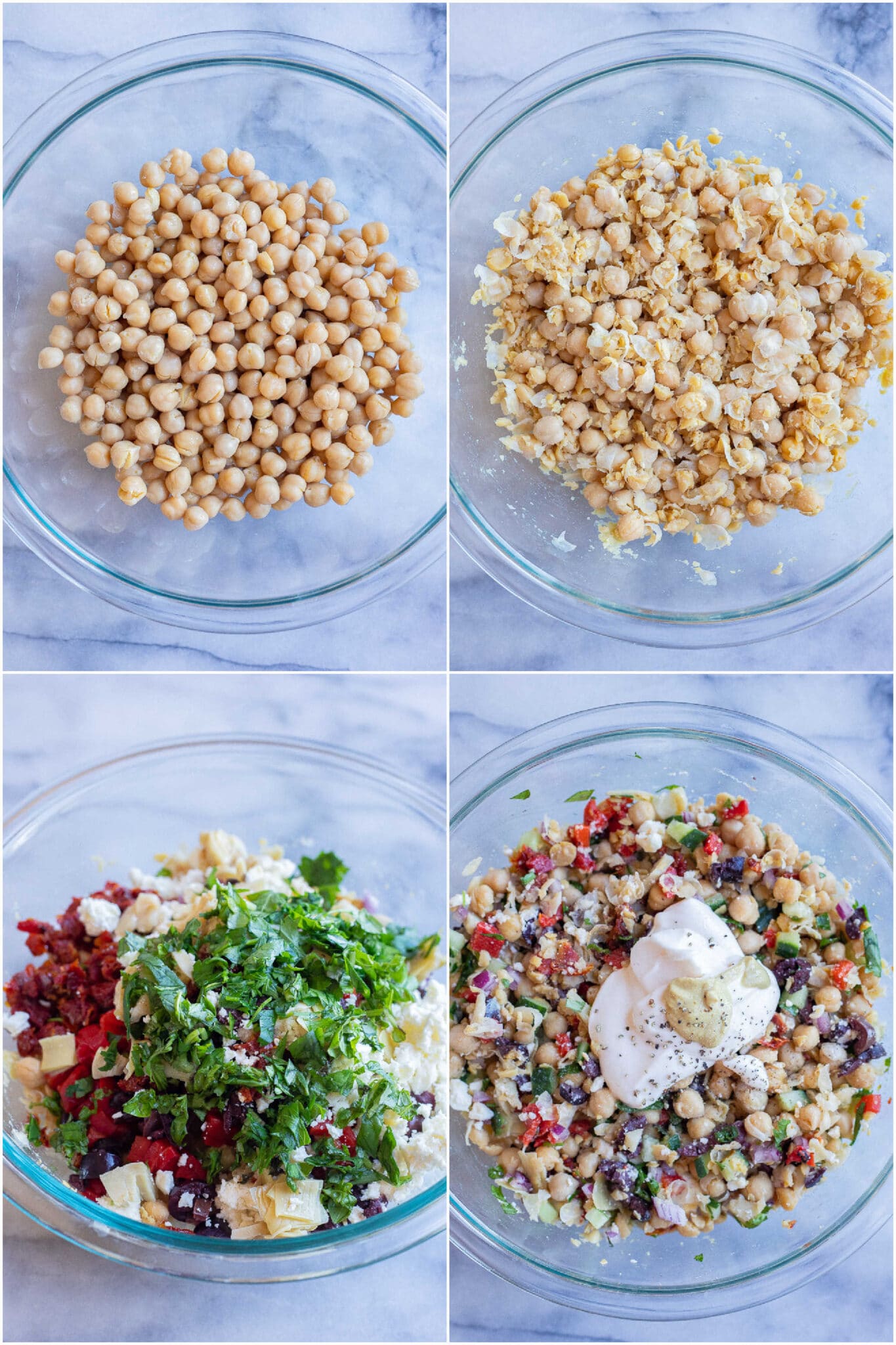 showing how to make easy greek inspired chickpea salad