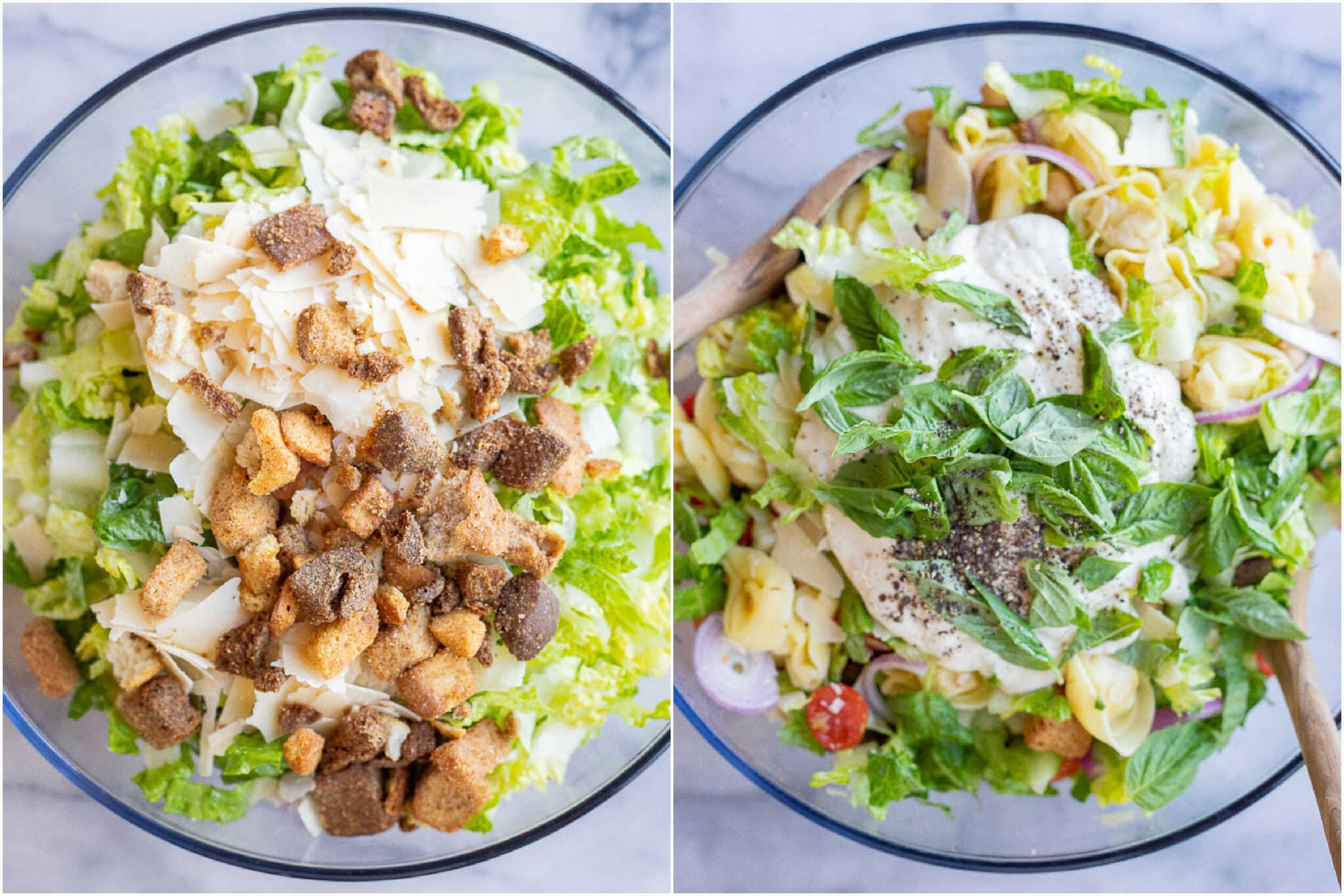 cheese tortellini caesar salad recipe ingredients in a large mixing bowl