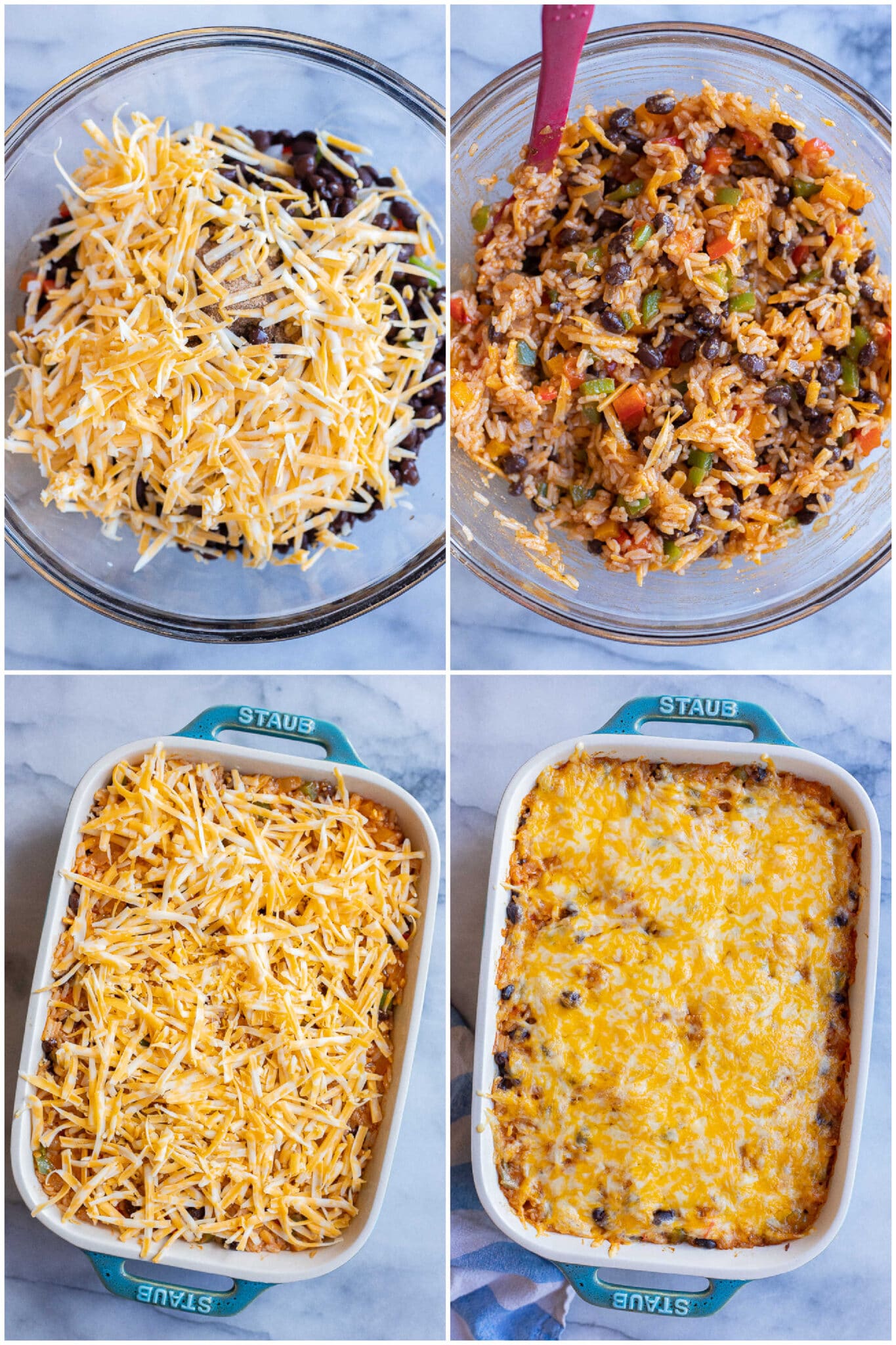 showing how to assemble and bake this vegetarian fajita rice casserole