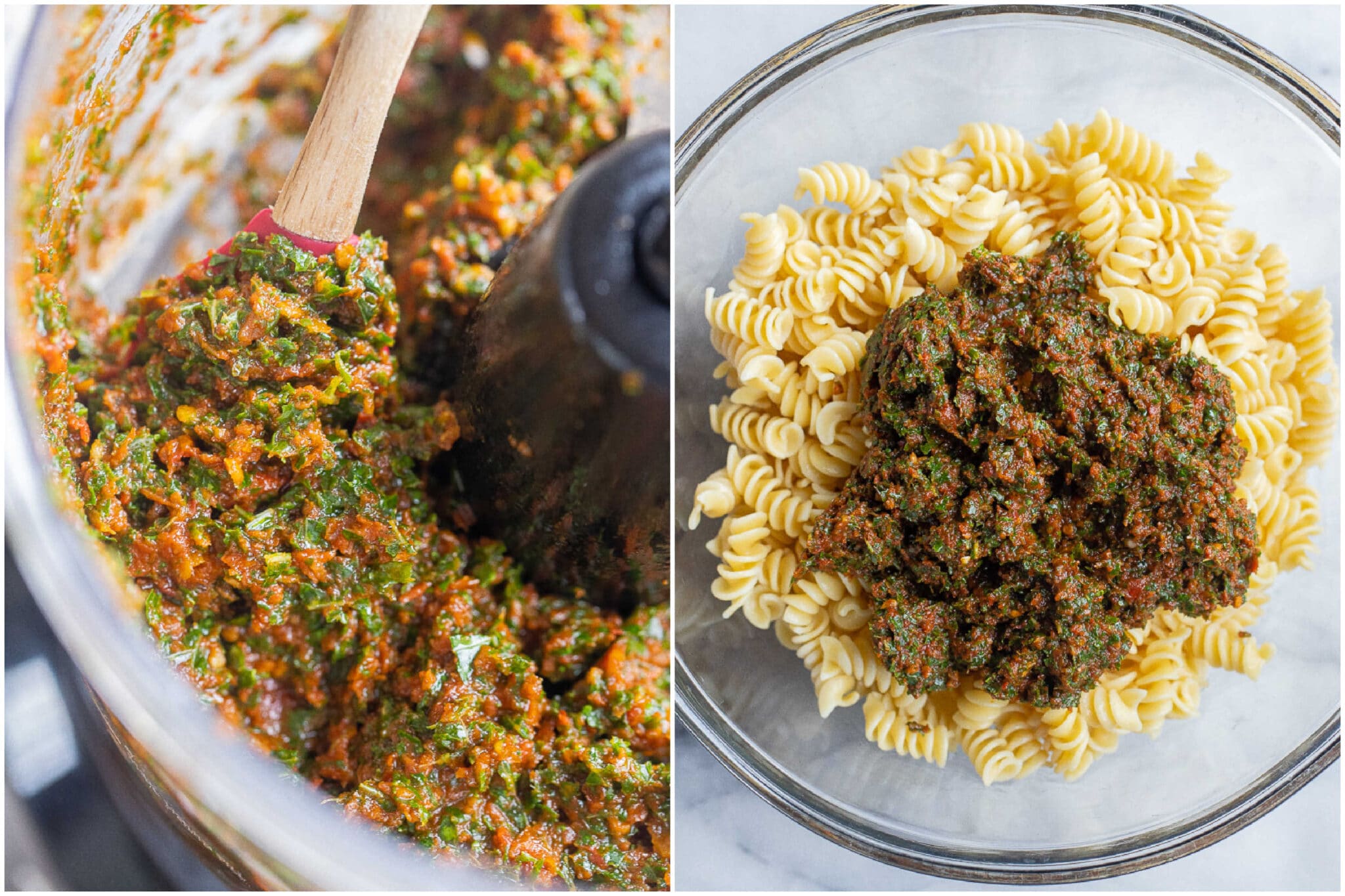 sun-dried tomato pesto in the food processor and then being mixed into the rotini pasta