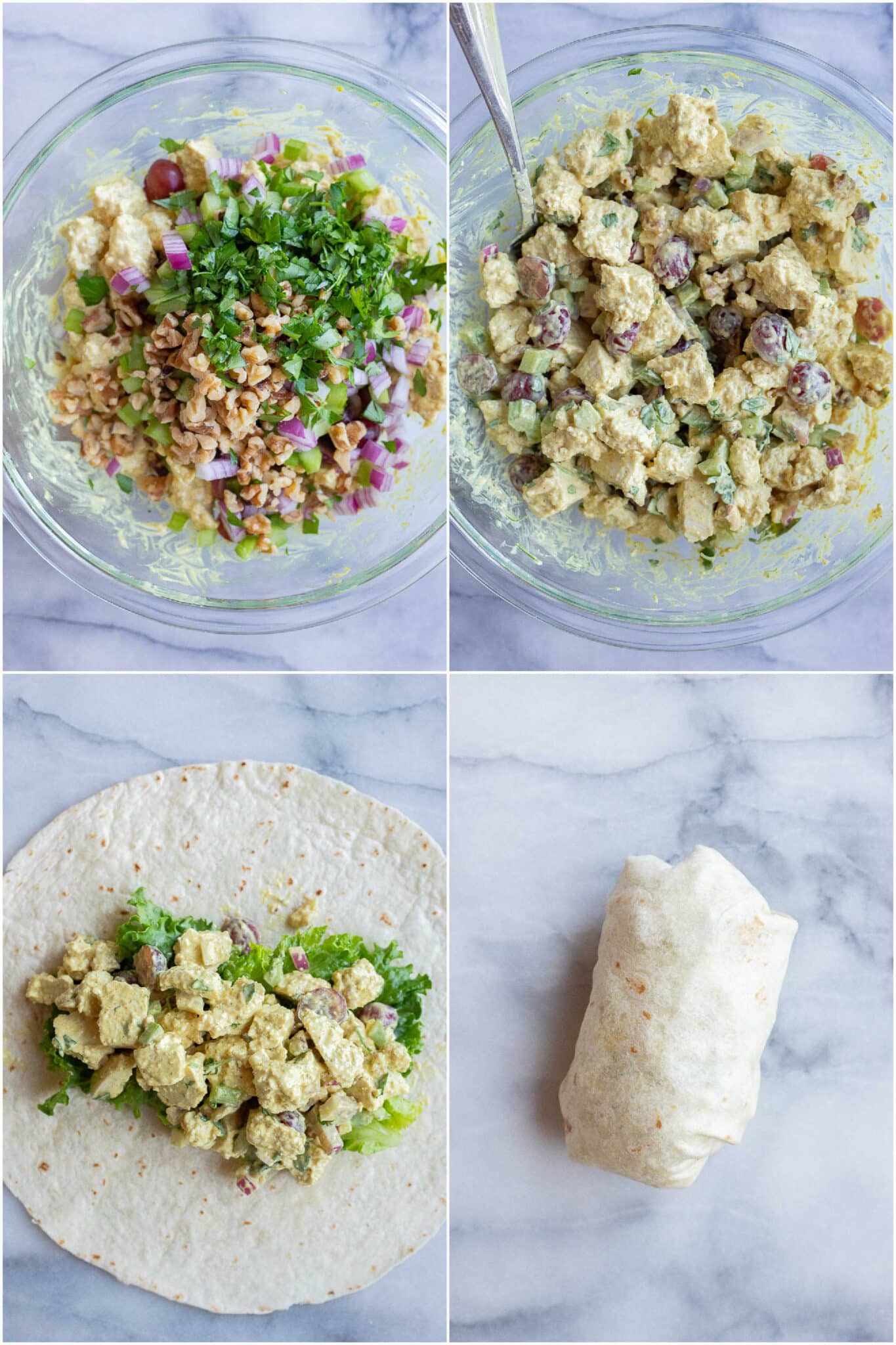 curried tofu salad before and after it has been mixed together in a bowl and put into a large tortilla wrap