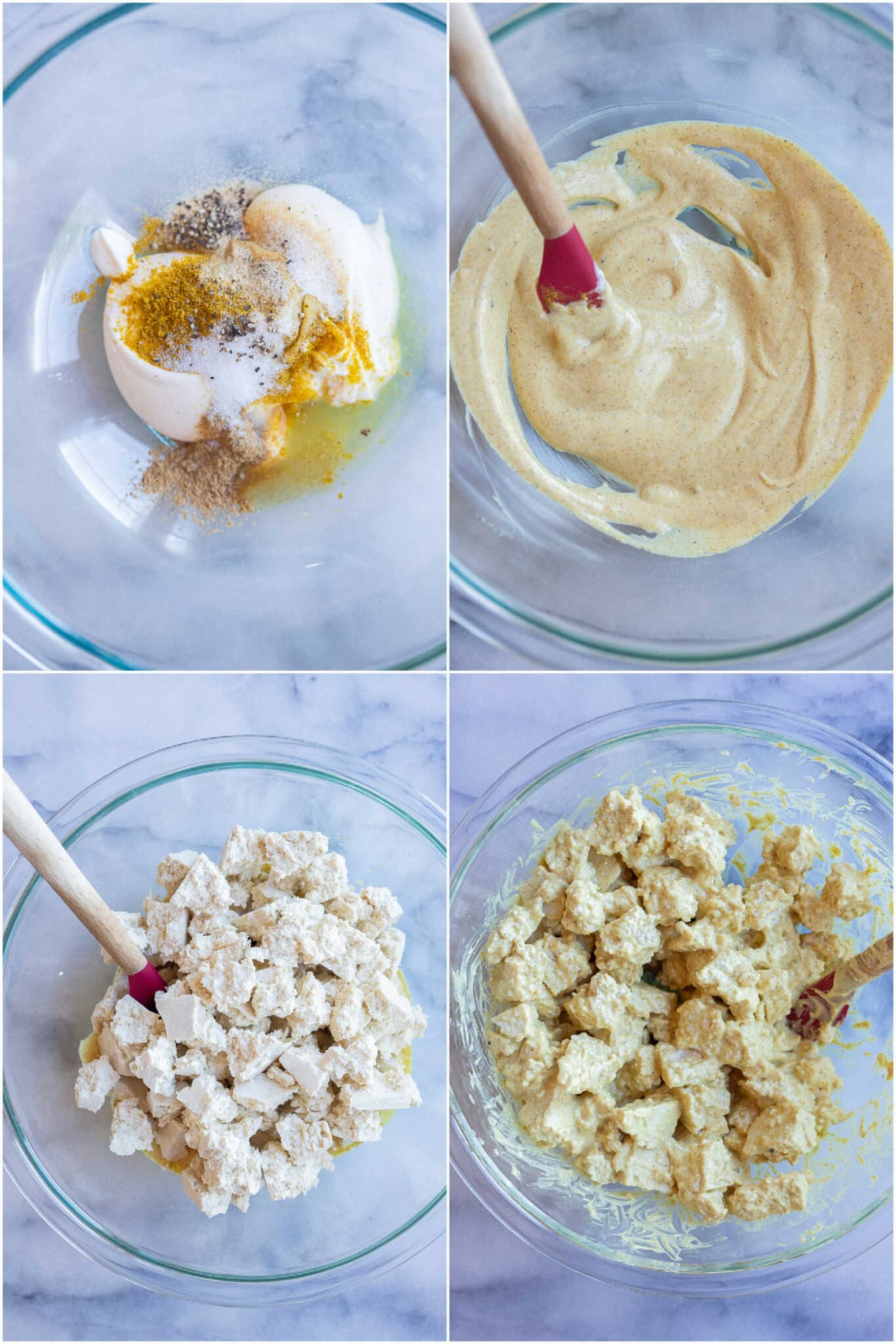 showing how to make the creamy curry dressing and chunk up the tofu to add in