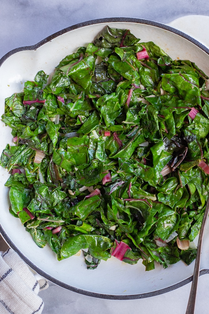 easy sauteed swiss chard in a pan