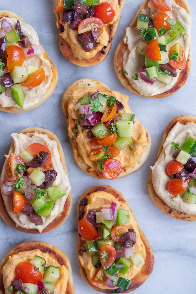 Greek Salad Naan Bites with Hummus