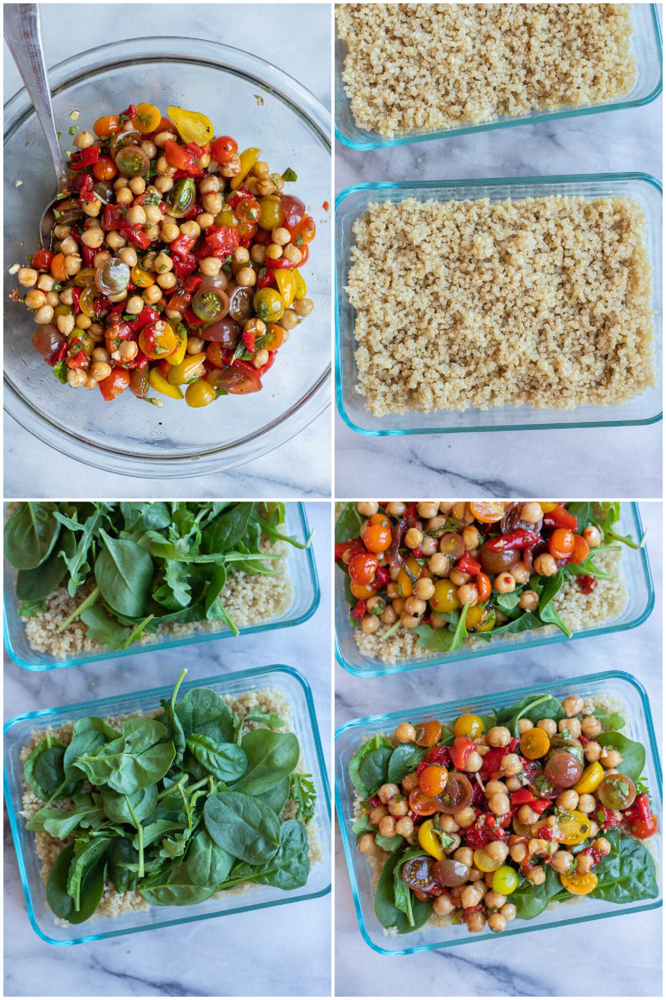 showing how to assemble these caprese quinoa salad lunch bowls with fresh greens