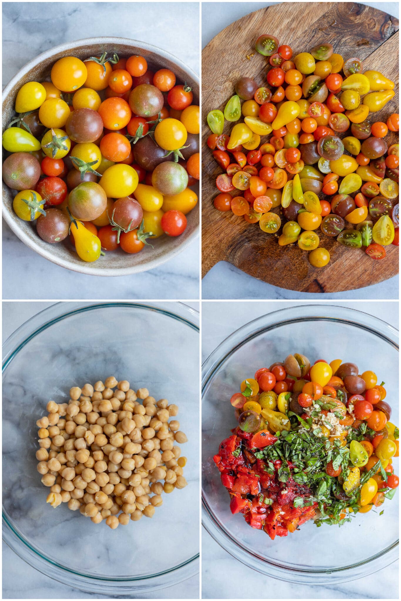 showing how to make caprese chickpea salad in a mixing bowl.