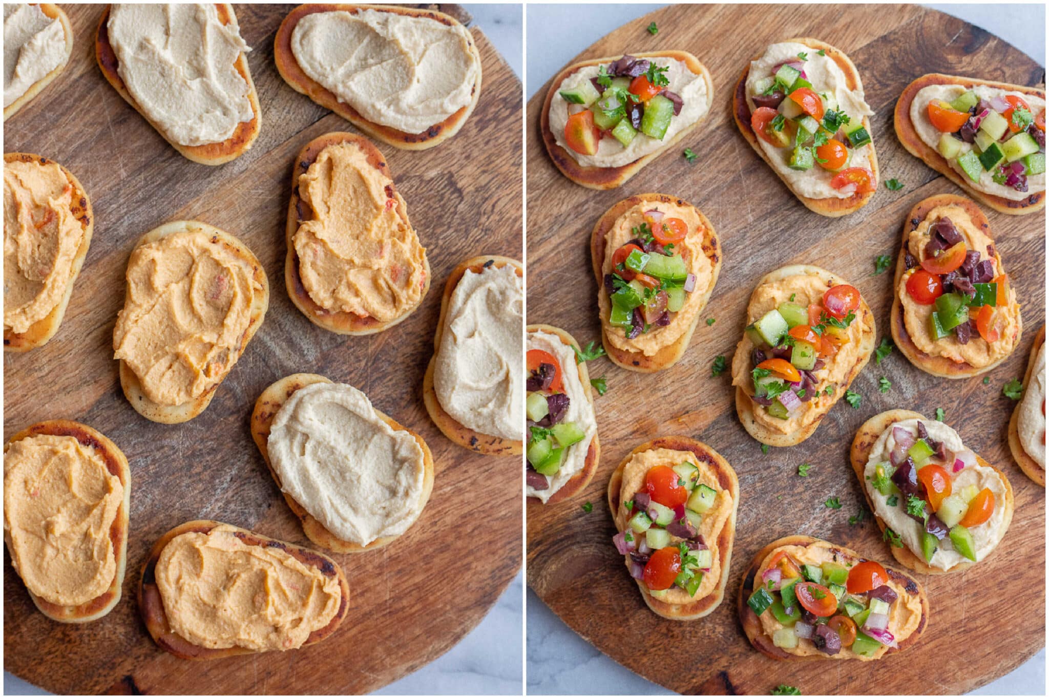 Greek salad naan bites being prepared with the hummus and veggies