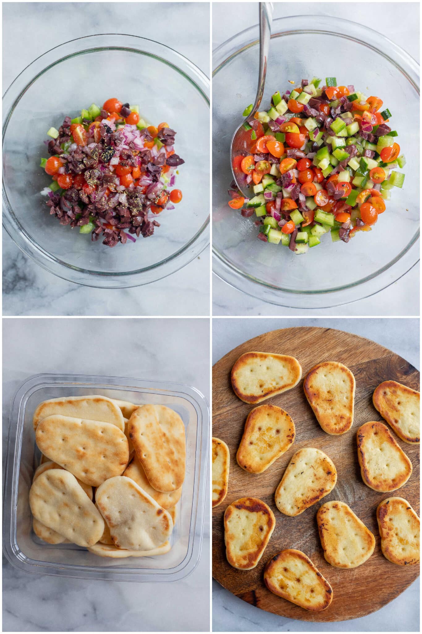 showing how to prepare the greek salad and the pan-fried naan bites