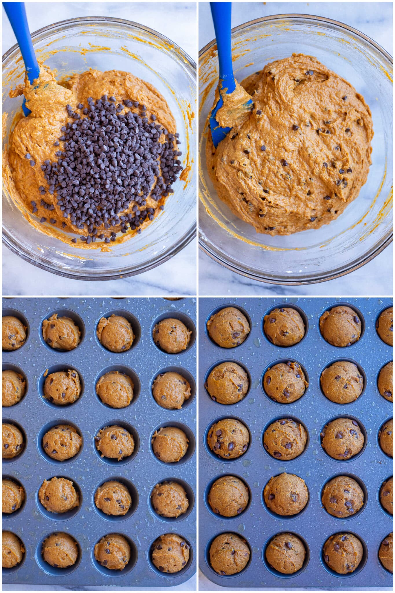 pumpkin chocolate chip mini muffin batter in a bowl and in a mini muffin tin