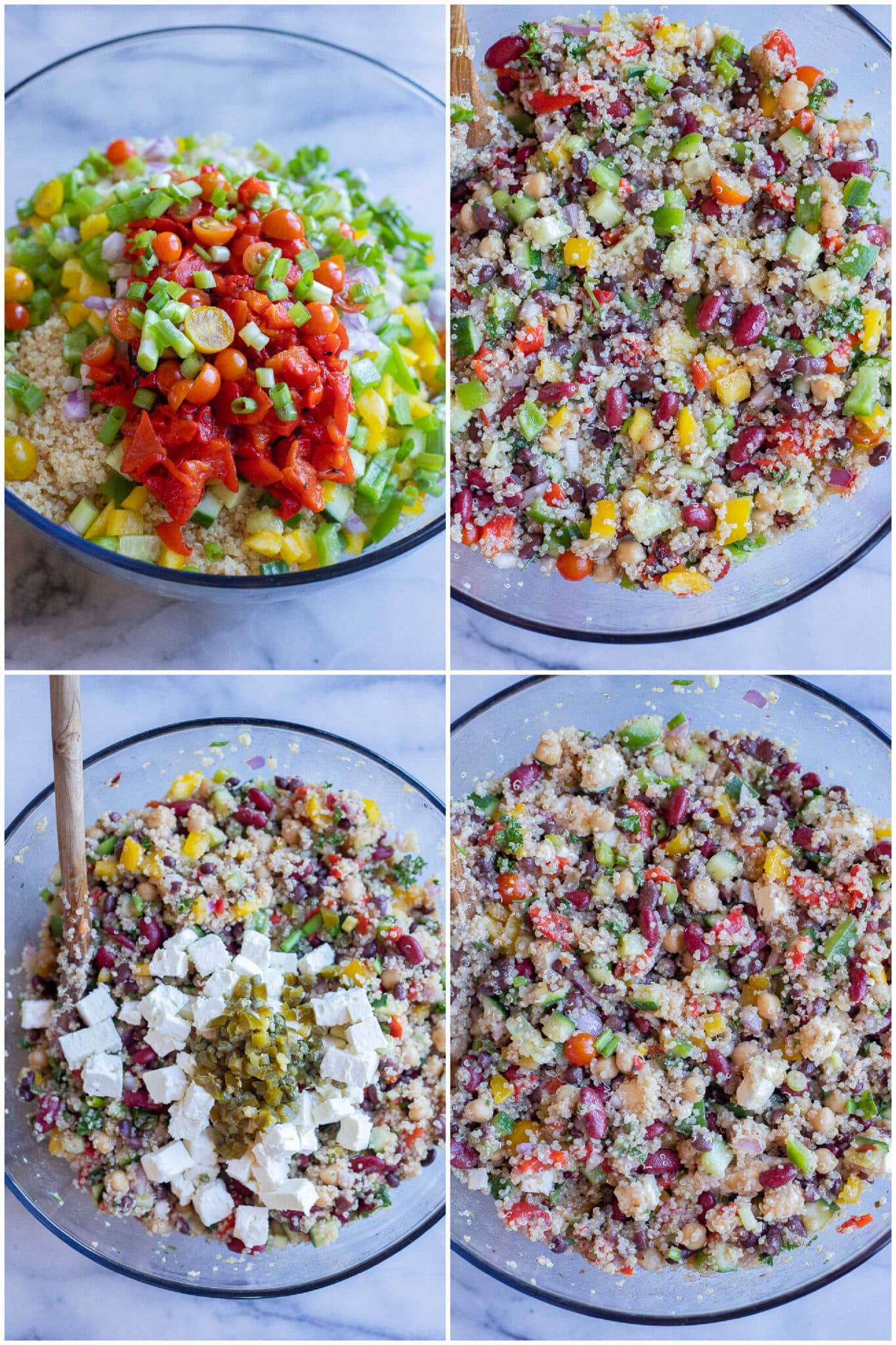 showing how to mix up the three bean and quinoa salad