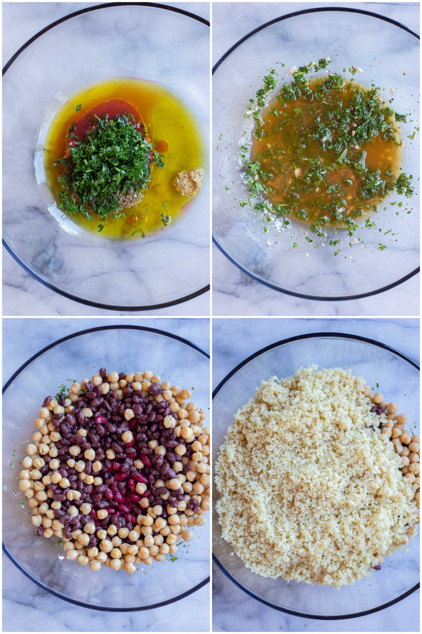 showing how to make the dressing and then adding in the beans and quinoa