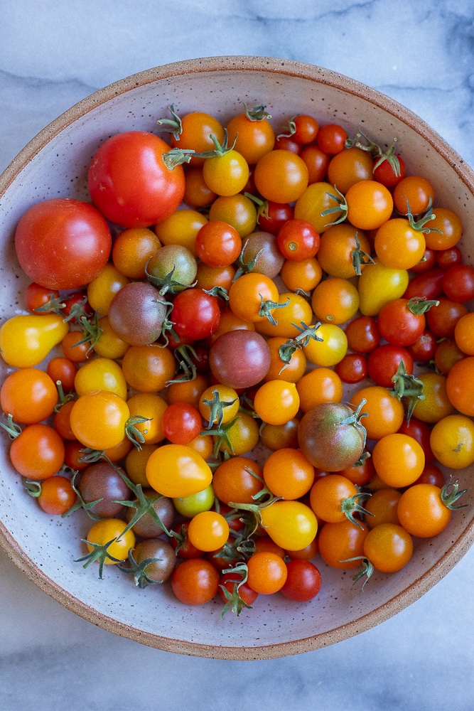 bowl of cherry tomatoes picked from the garden