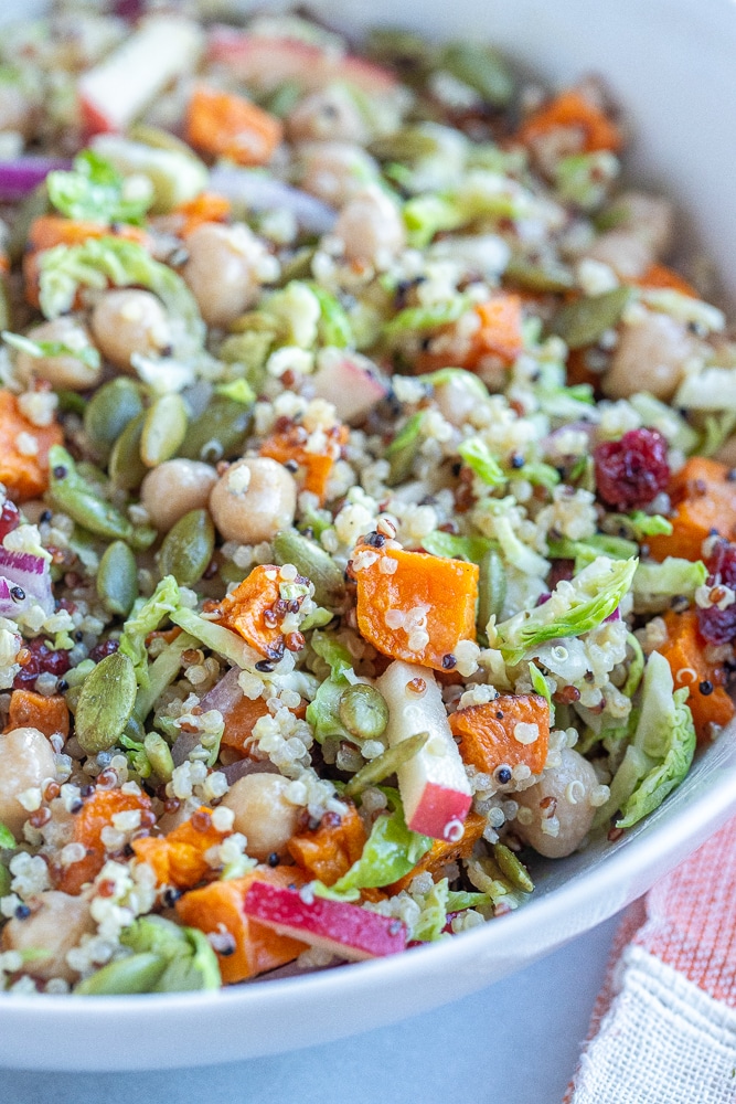 close up of the mason jar salad mixed together in a bowl