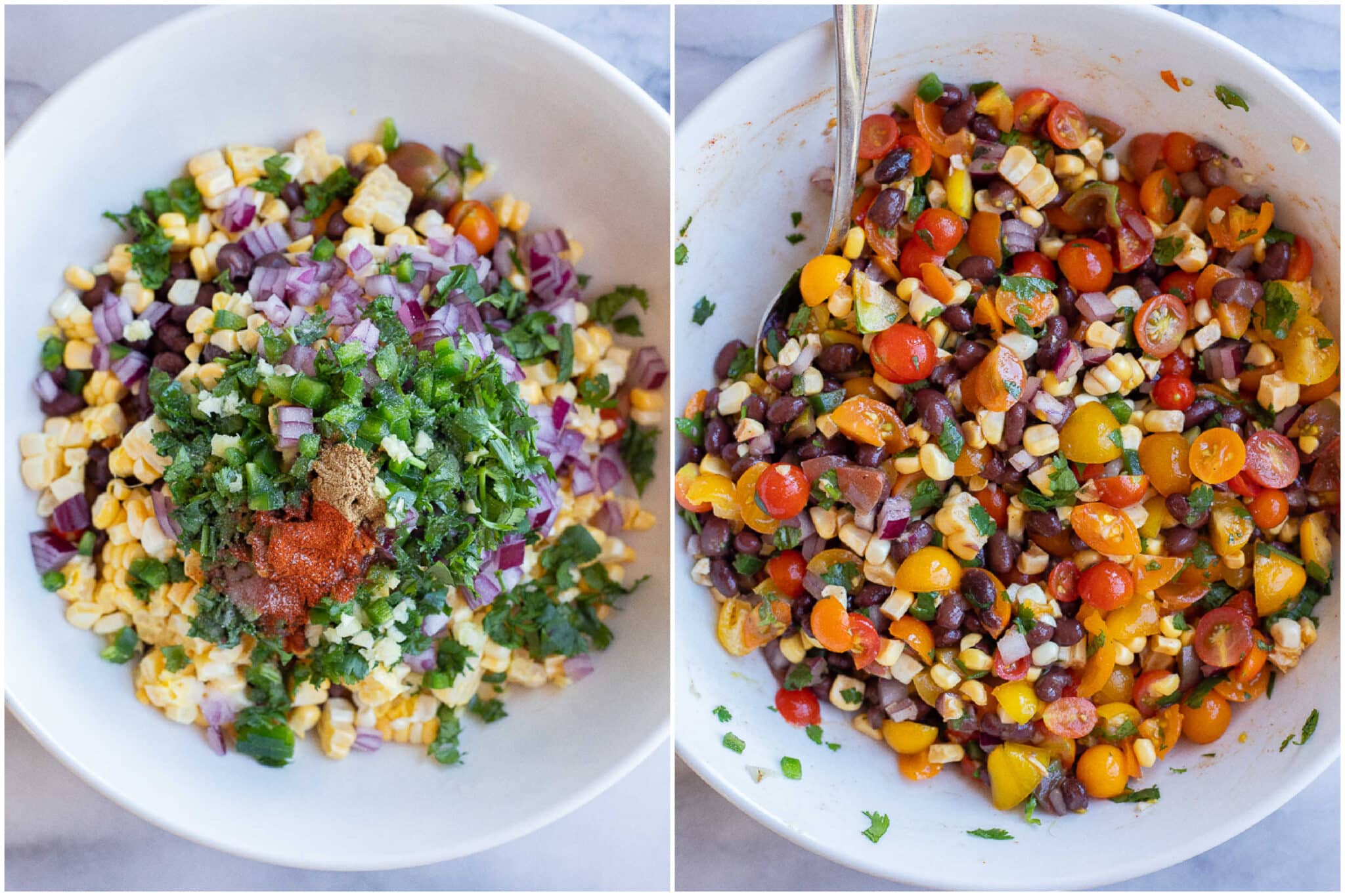 showing how to make black bean and corn salsa recipe