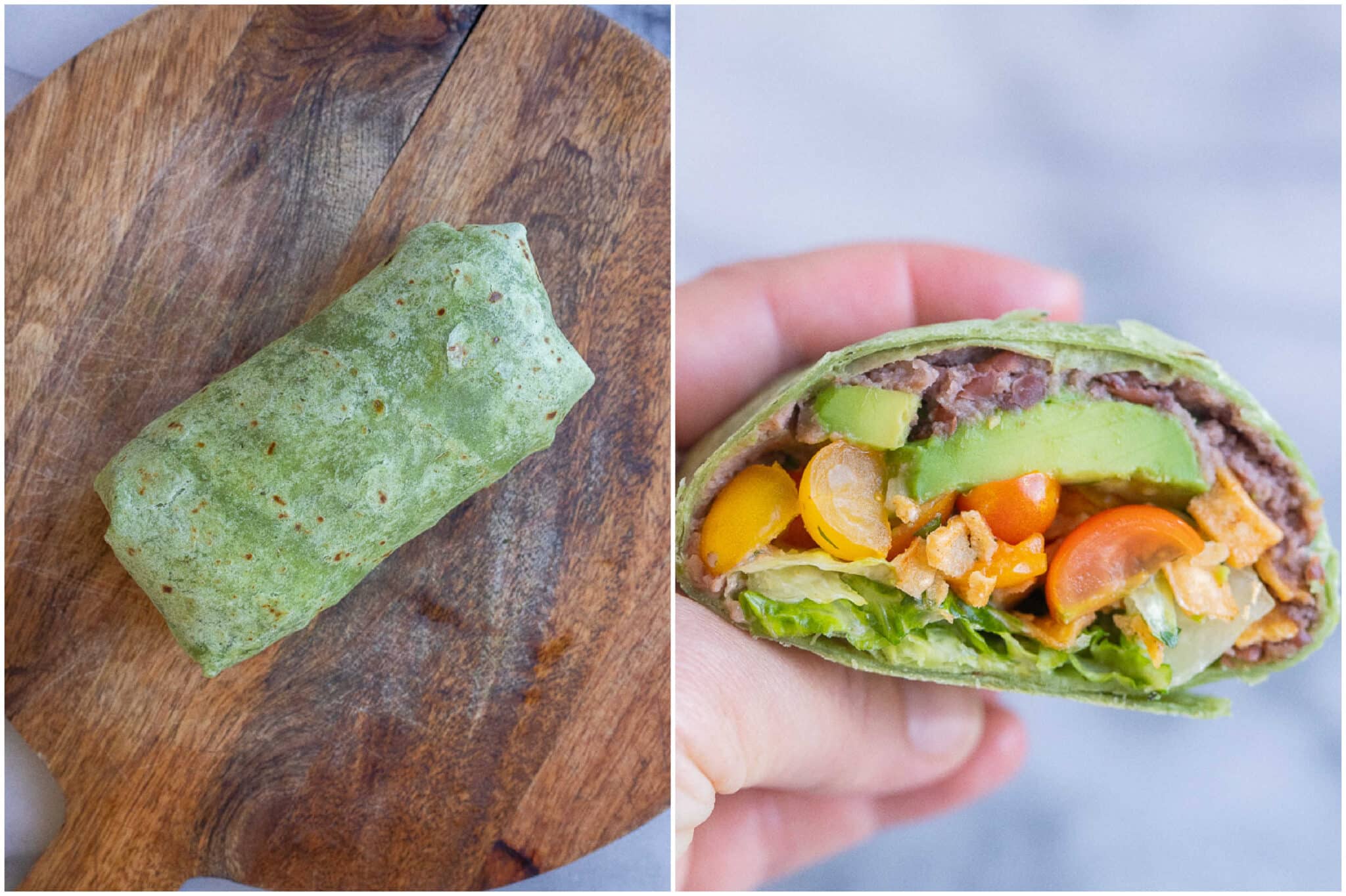 a vegetarian black bean wrap folded on a cutting board and cut in half being held by a hand