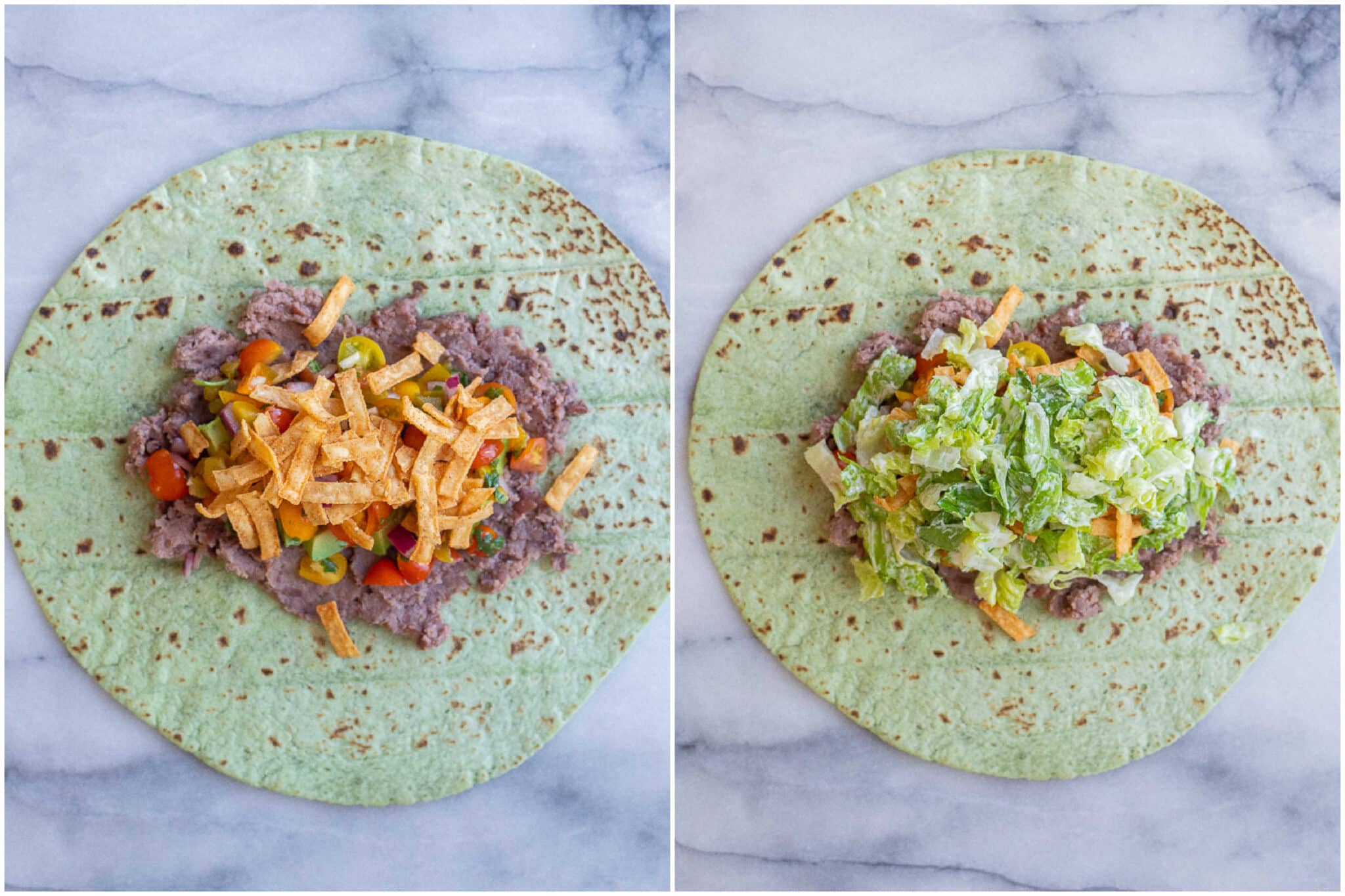 crunchy black bean ranch wraps being piled with ingredients