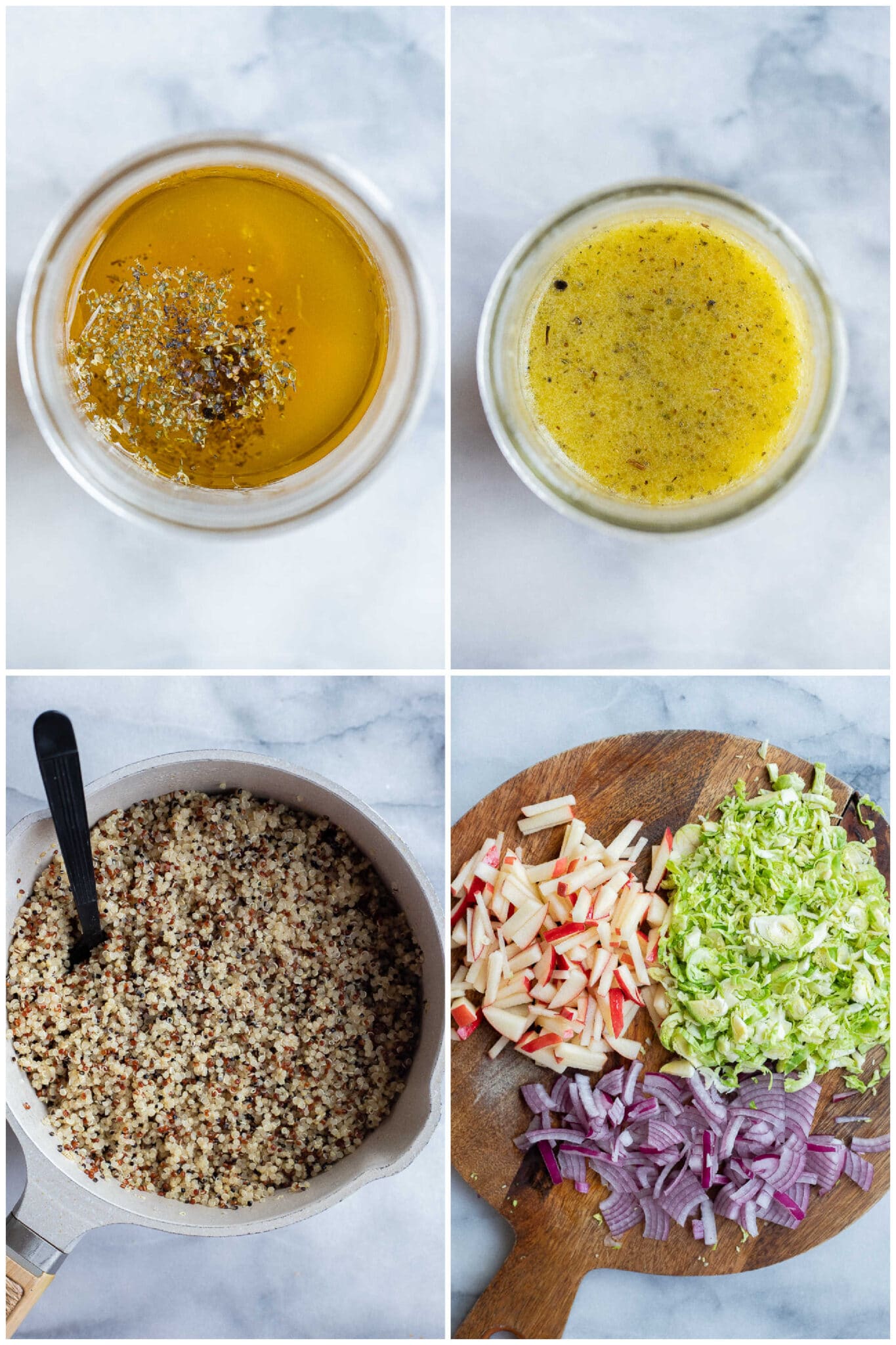 showing how to prepare the creamy tahini dressing, quinoa and veggies for these meal prep lunch salad jars