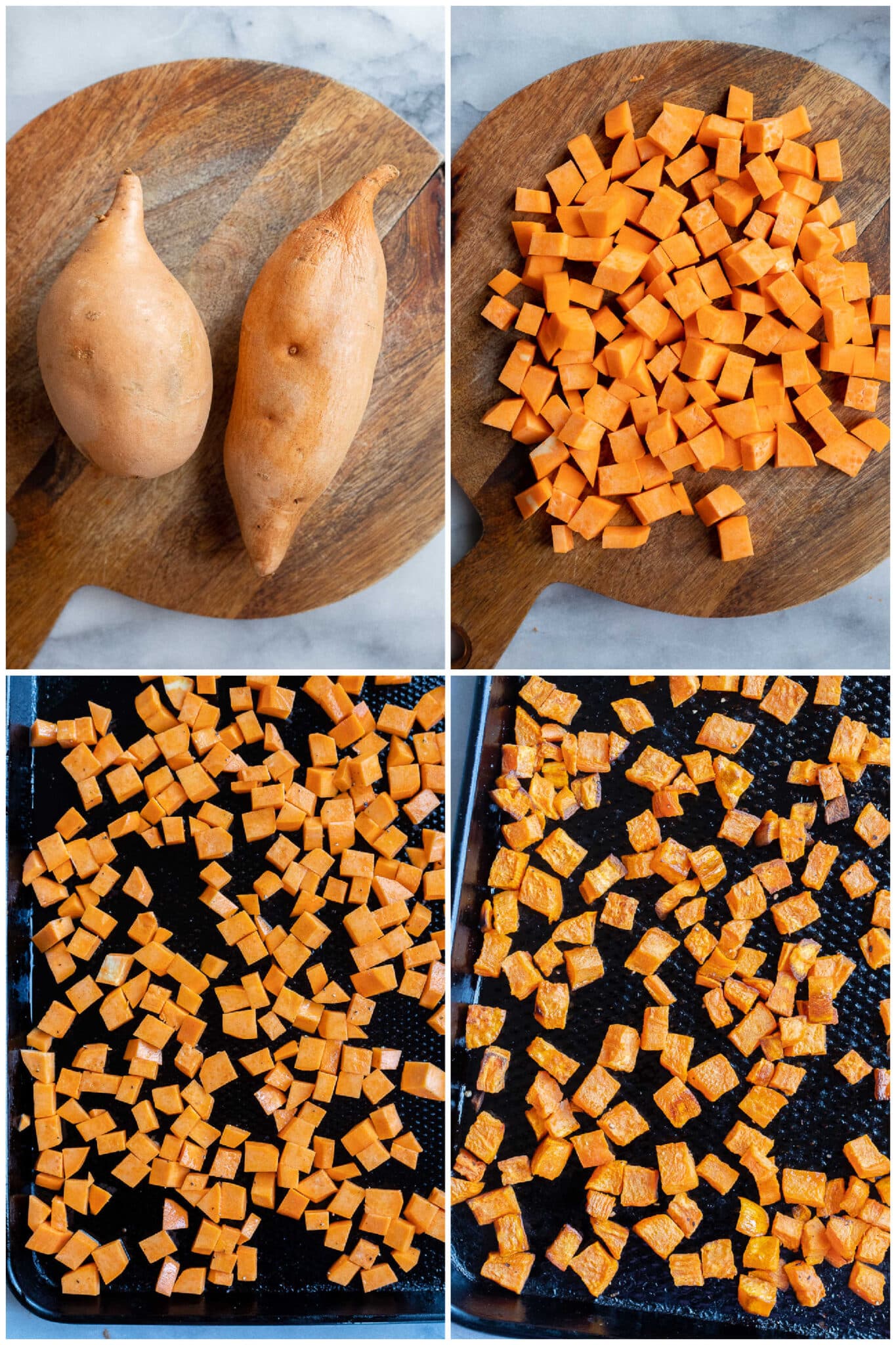 showing how to prepare the sweet potatoes for these fall harvest salad bowls