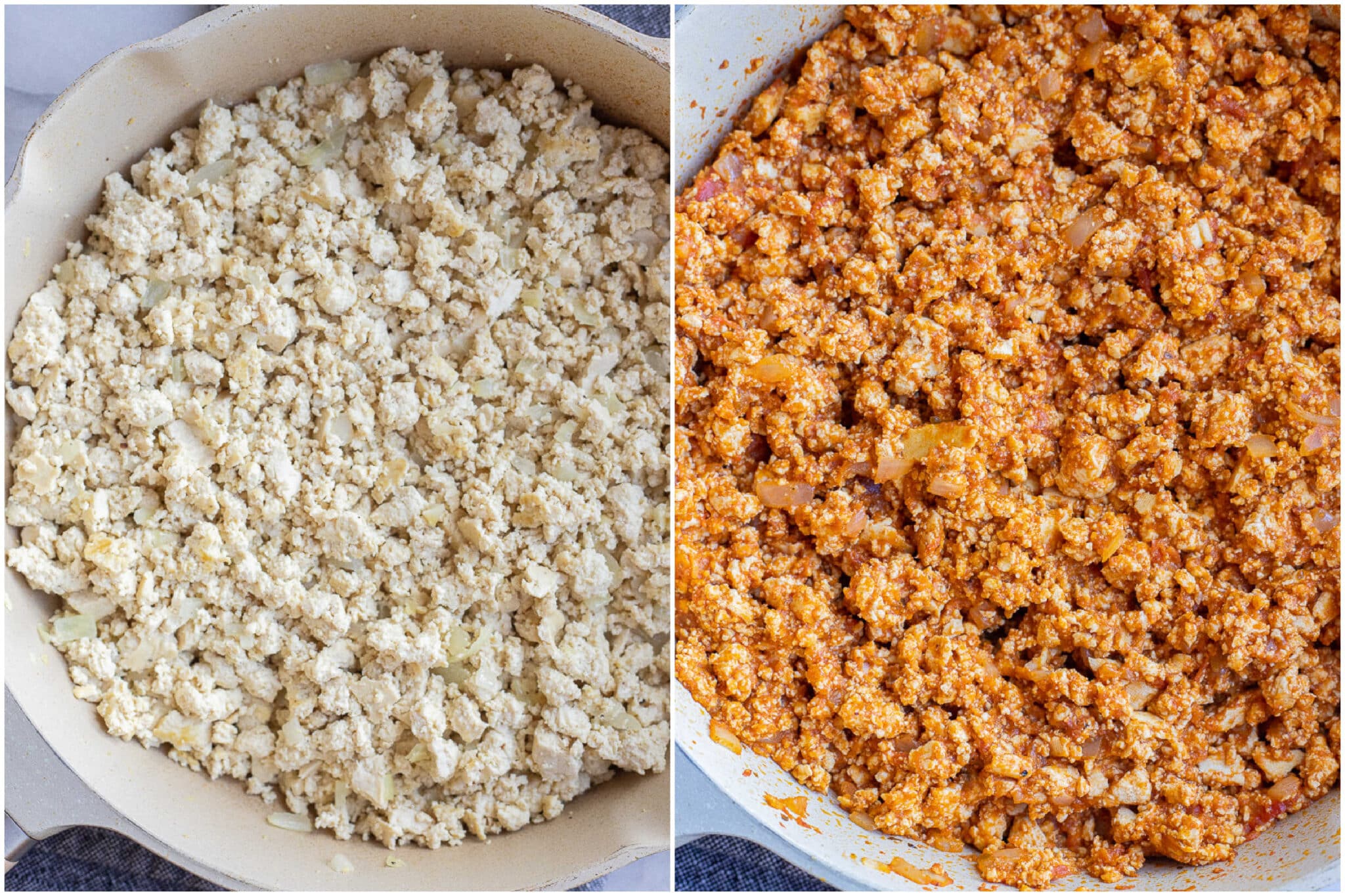 showing how to cook up the tofu and add in the pumpkin sloppy joe sauce