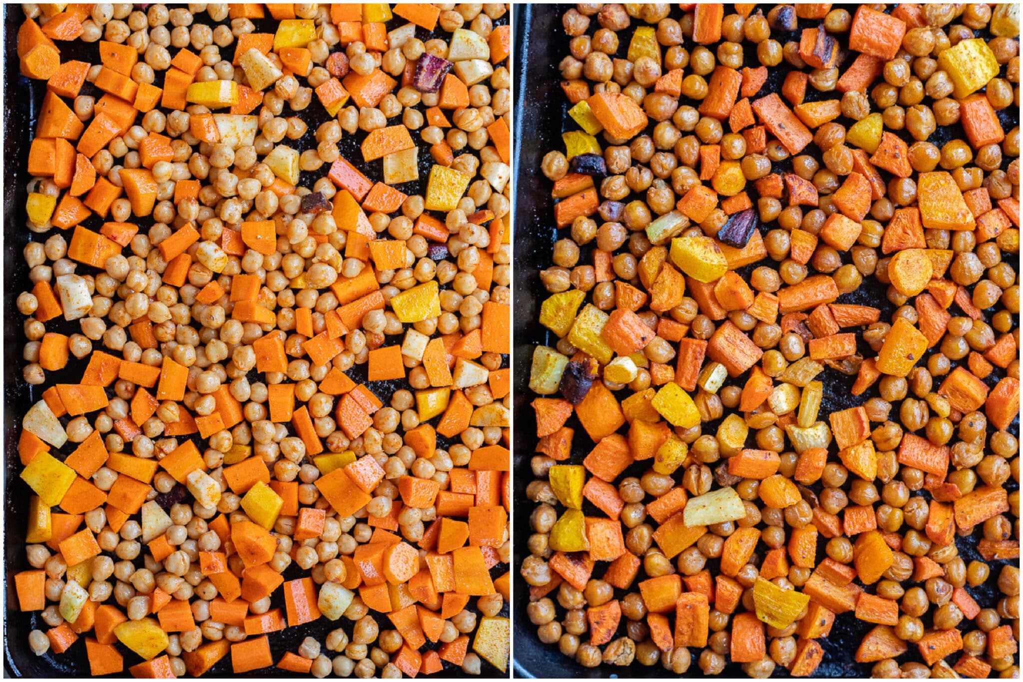 carrots and chickpeas on a sheetpan before and after being roasted